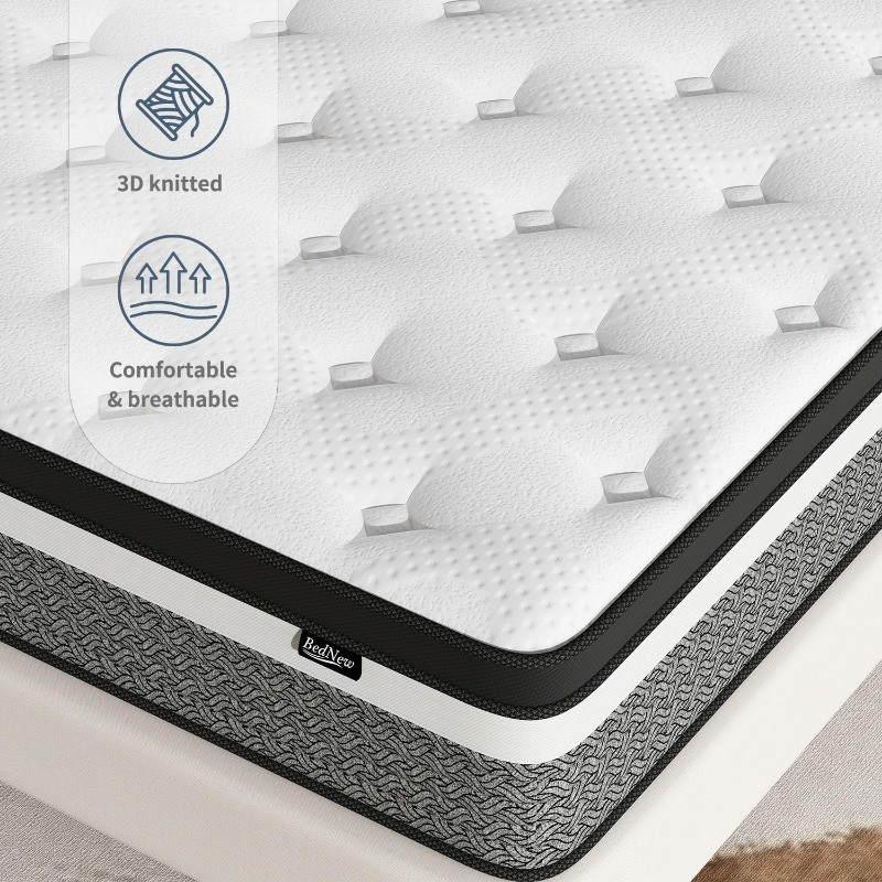 Close-up of mattress top with 3D knitted pattern and logo